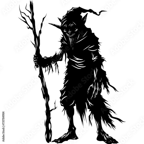 Silhouette goblin mythical race from game mage wit staff black color only