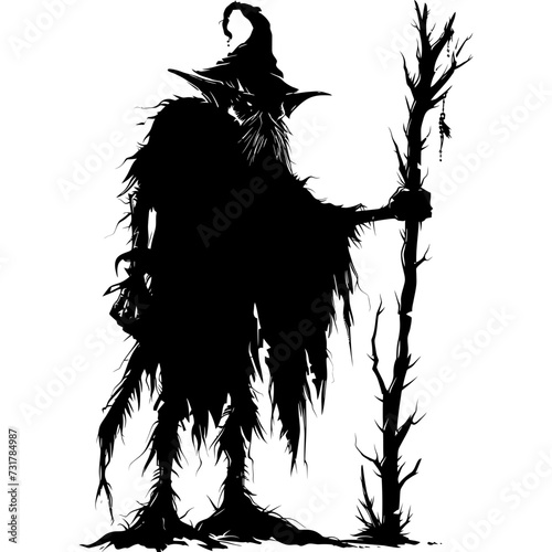 Silhouette goblin mythical race from game mage wit staff black color only