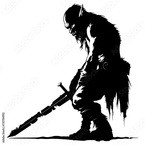 Silhouette goblin mythical race from game warrior with sword black color only