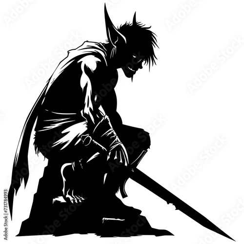 Silhouette goblin mythical race from game warrior with sword black color only