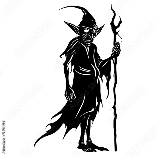 Silhouette goblin mythical race from game mage wit staff black color only