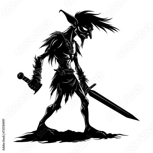 Silhouette goblin mythical race from game warrior with sword black color only