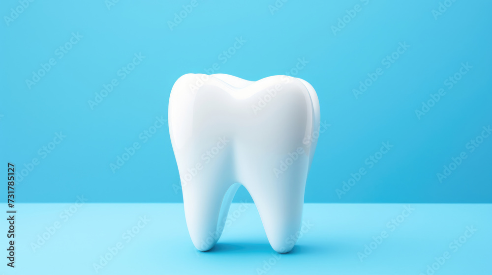 White healthy tooth isolated on blue background with copy space.