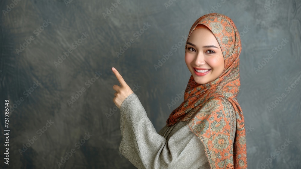 Beautiful young attractive woman in hijab pointing fingers up isolated over grey backround. Showing something with happy. Beautiful young attractive woman in hijab pointing fingers up isolated over grey backround. Showing something with happy.