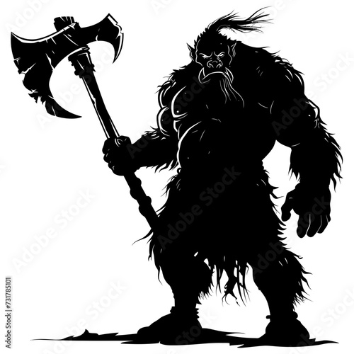 Silhouette ogre mythical race from game with big ax black color only