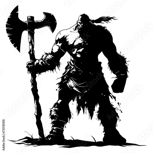 Silhouette ogre mythical race from game with big ax black color only