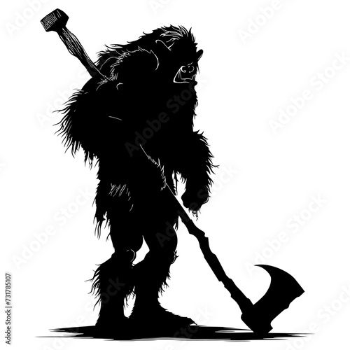 Silhouette ogre mythical race from game with big ax black color only