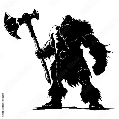 Silhouette ogre mythical race from game with big ax black color only