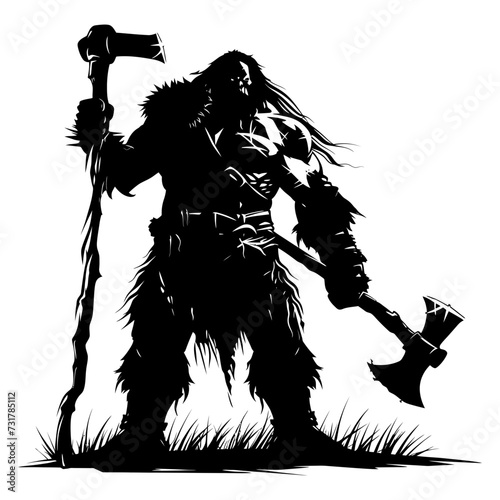 Silhouette ogre mythical race from game with big ax black color only