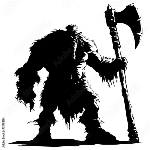 Silhouette ogre mythical race from game with big ax black color only