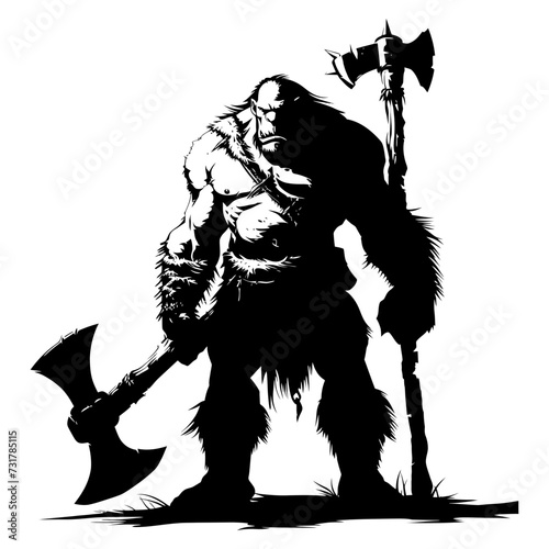 Silhouette ogre mythical race from game with big ax black color only