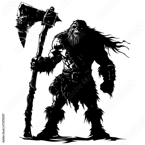 Silhouette ogre mythical race from game with big ax black color only