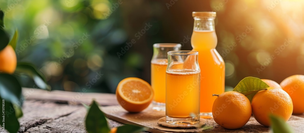 A bottle of orange juice, made from Rangpur and Valencia oranges, is placed on a table alongside fresh oranges. A bottle of orange juice, made from Rangpur and Valencia oranges, is placed on a table alongside fresh oranges.