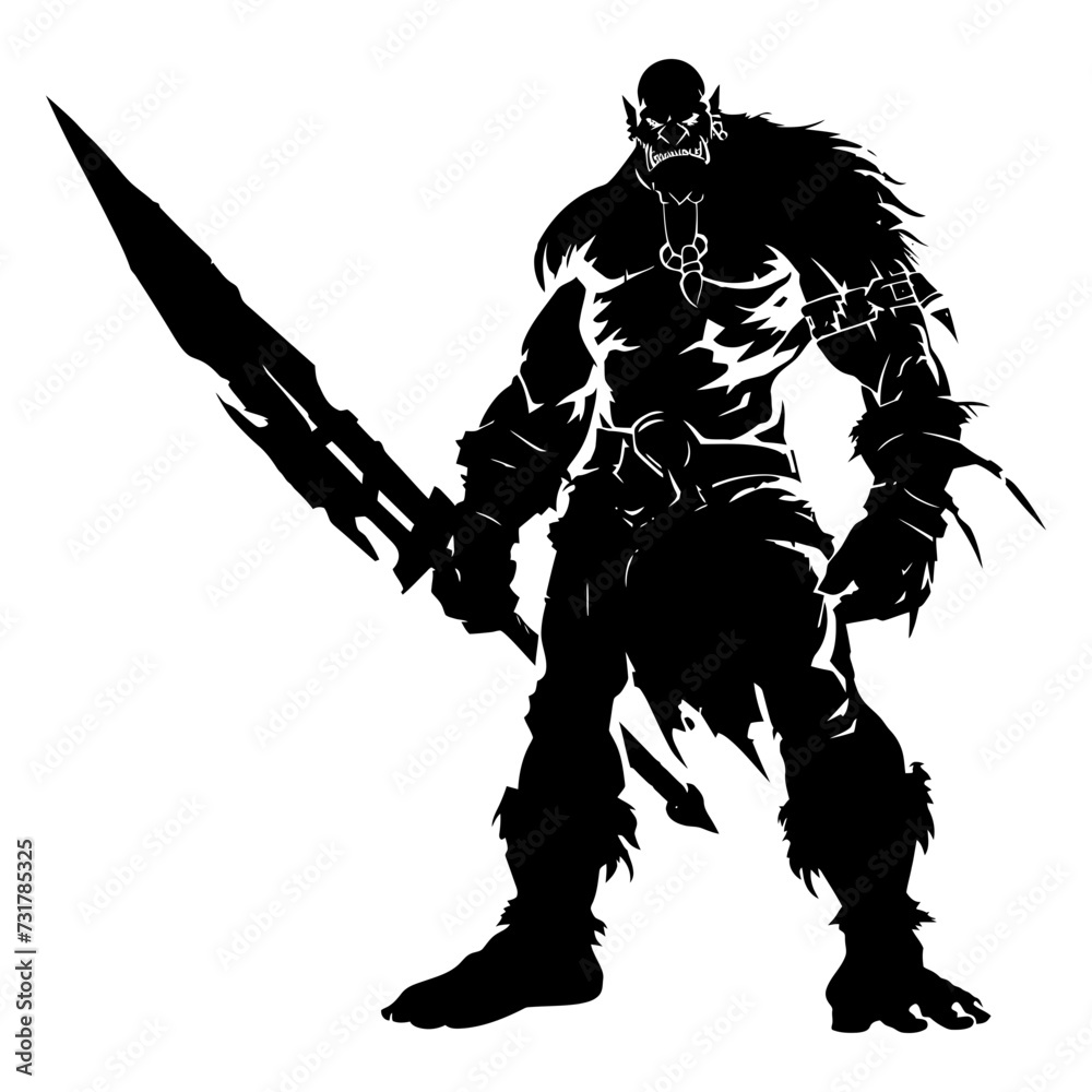 Silhouette orc mythical race from game with big sword black color only