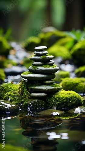 A pile of rocks balances on top of a gently flowing river, creating a natural and peaceful scene, peaceful zen buddhism influenced atmosphere