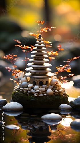 Sculpture of a Pagoda Surrounded by Rocks and Water  inner peace  meditation  and relaxation  peaceful zen buddhism influenced atmosphere
