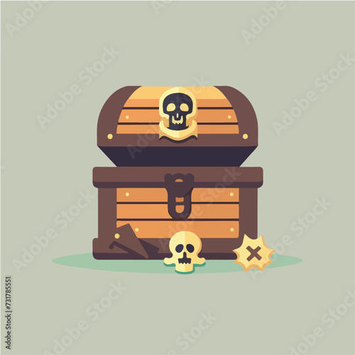 Wooden treasure chest with a human skull creating a classic pirate scene.