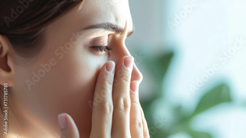 close-up pain in the nose, a girl holds her nose with her hands with her eyes closed, runny nose, sinusitis, rhinitis