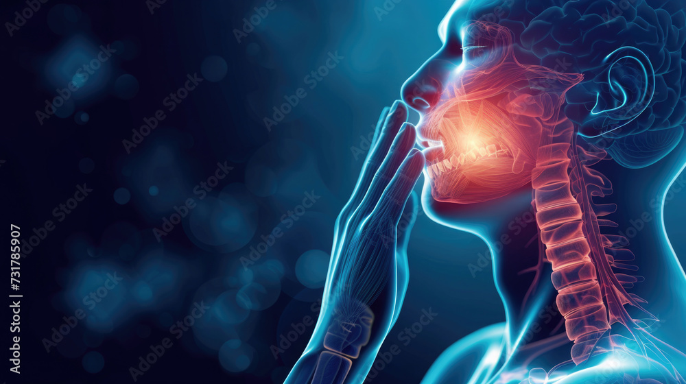 close-up sore throat, sore red neck, open mouth, flu, human anatomy skeleton shot close-up sore throat, sore red neck, open mouth, flu, human anatomy skeleton shot