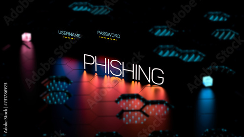 PHISHING text, word with password and username. Phishing, digital concept, banner. 3D render