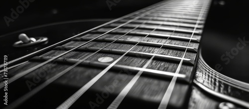 It is a black and white photo of a guitar, a string instrument made of wood. It showcases a guitar accessory.