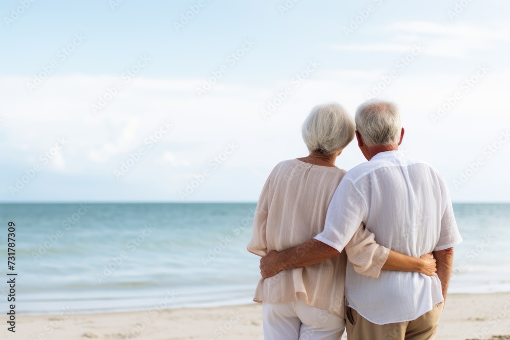 Back view senior couple on a beach hug and bonding, summer holiday. Old woman and elderly man on seaside vacation with copy space, Valentine's day, Mother's day, Women's Day and love concept