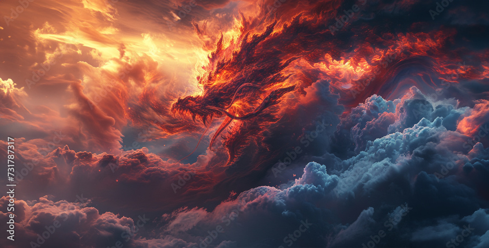 fire in the fireplace, The cloud that looks like a dragon in the sky fire in the fireplace, The cloud that looks like a dragon in the sky