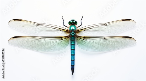 An enchanting top-view image capturing a light blue-green dragonfly, gracefully isolated against a pristine white background