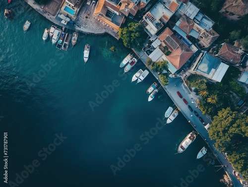  Drone view of a city waterfront with boats and docks