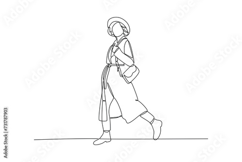 Single continuous line drawing of women wear stylish clothes while posing in the street. Fashion style icon. Fashion boutique. Swirl curl style. Dynamic one line draw graphic design vector illustratio
