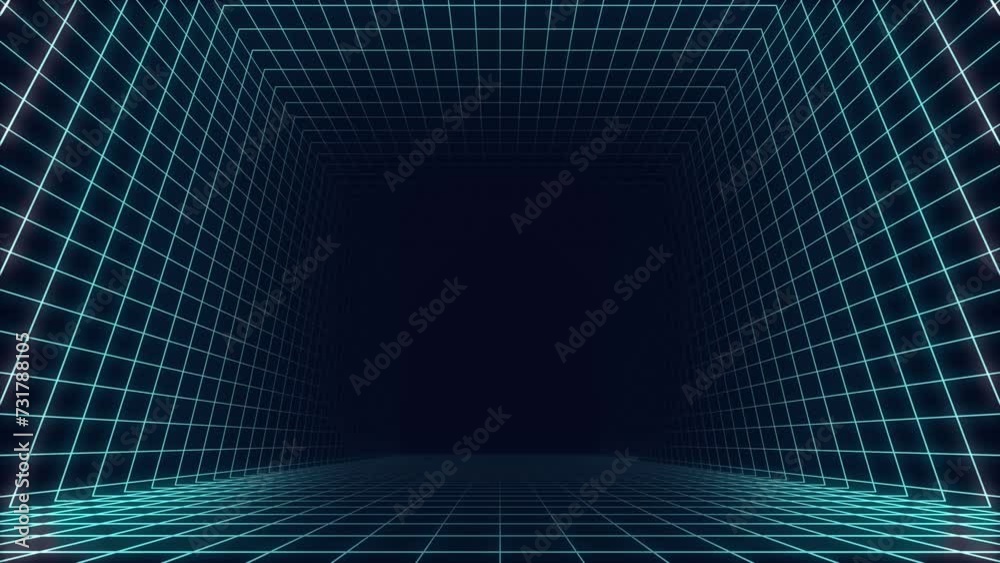 3d grid in motion with parallax effect. abstract background with squares, 3d tunnel with neon lines and grid arcade games design