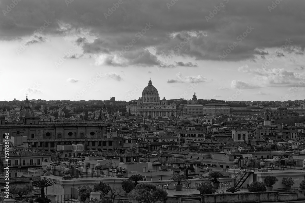 Rome Italy 20 03 2020: view of the city Europe. Panorama Travel Concept Castel Sant'Angelo Trevi Fountain Colosseum Spanish Steps Saint Peter's Basilica Castel Sant'Angelo Victor Emmanuel II Monument