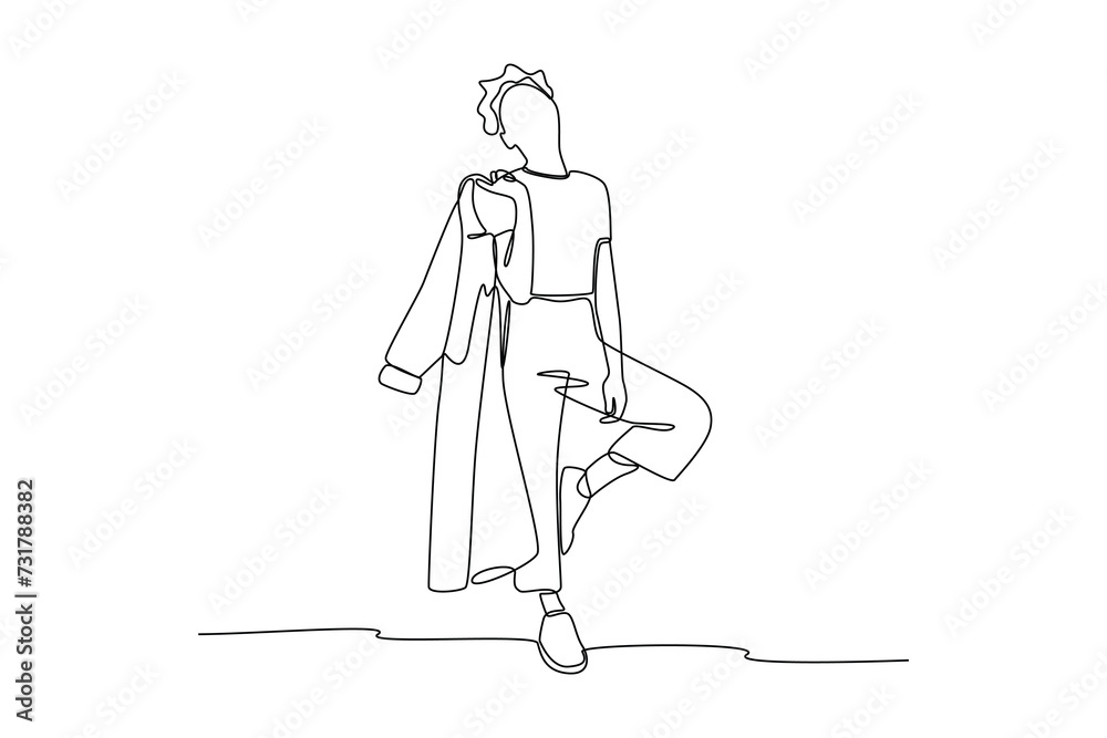 Single continuous line drawing of women hang his clothes on shoulders for take a photo. Fashion style icon. Fashion boutique. Swirl curl style. Dynamic one line draw graphic design vector illustration Single continuous line drawing of women hang his clothes on shoulders for take a photo. Fashion style icon. Fashion boutique. Swirl curl style. Dynamic one line draw graphic design vector illustration