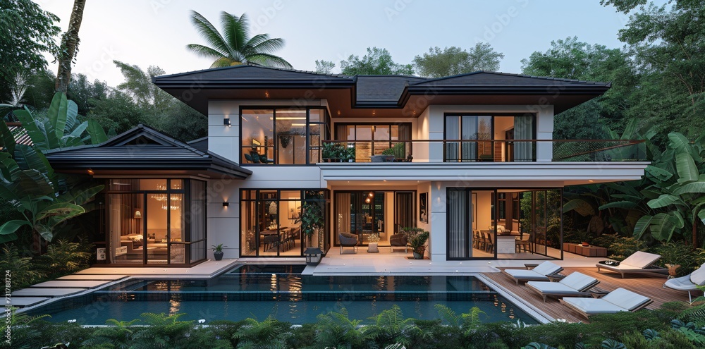 Poolside Paradise: A Modern Home with a Stunning Swimming Pool and Tropical Decor Generative AI