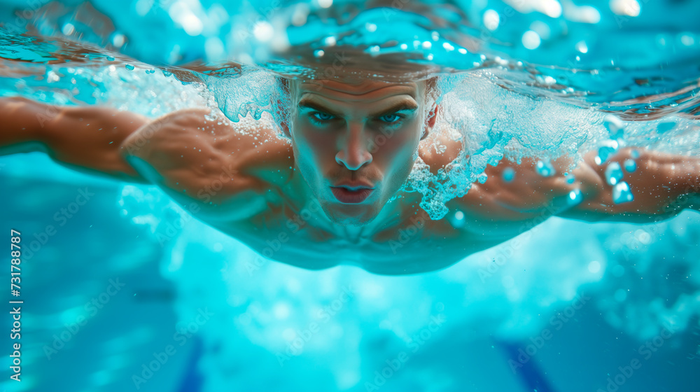 Underwater view of male swimmer, athletic training in pool, sports and fitness concept.