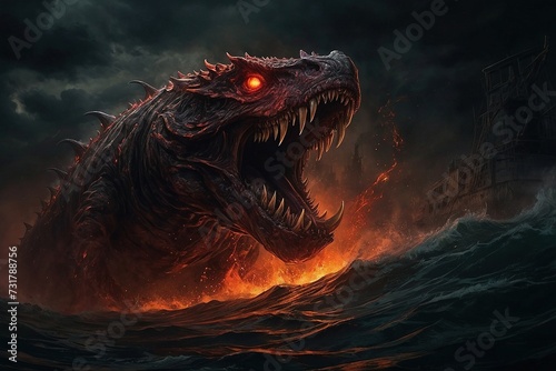 Fantasy Illustration: Generative AI Painting of Giant Dragon Monster in Water © rrdesignstd