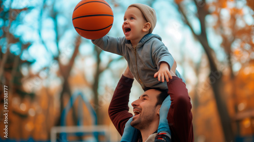 Father lifting toddler for basketball dunk, bonding moment in autumn backyard setting.
