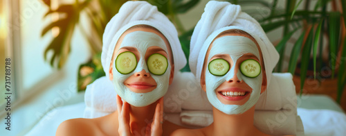 Two women with facial masks and cucumber slices, spa wellness concept. 