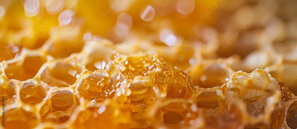 A macro photograph captures the intricate pattern of a honeycomb filled with amber-hued honey, showcasing the natural beauty of this plant-derived cuisine. A macro photograph captures the intricate pattern of a honeycomb filled with amber-hued honey, showcasing the natural beauty of this plant-derived cuisine.