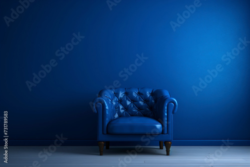 A royal blue wall with an elegant blue sofa on the floor. (Generative AI)