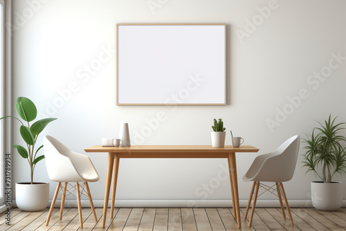 A Scandinavian-inspired kitchen wall with an empty picture frame. (Generative AI)