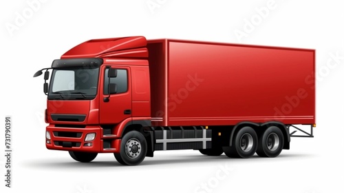 Crimson Conveyance: A Striking Red Cargo Truck Stands Solo on a Pure White Background, Epitomizing Efficient Delivery, Logistics Prowess, and Modern Urban Transportation