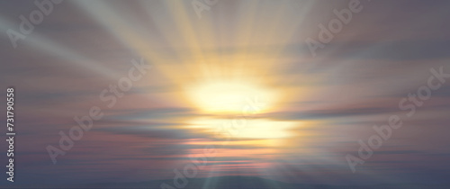 Sunset, sunrise with clouds, light rays , 3d illustration