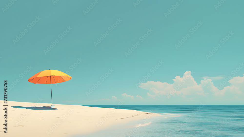 Beautiful sunny tropical sandy beach with blue sky and turquoise water. Only one chair and yellow sun umbrella as peaceful moment and relaxation meaning. Summer holiday   