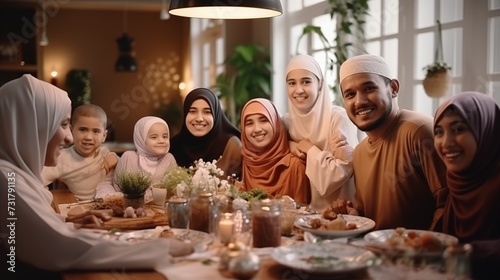 Large happy muslim family at the table. Ramadan kareem iftar evening holiday. Celebtration of muslim family