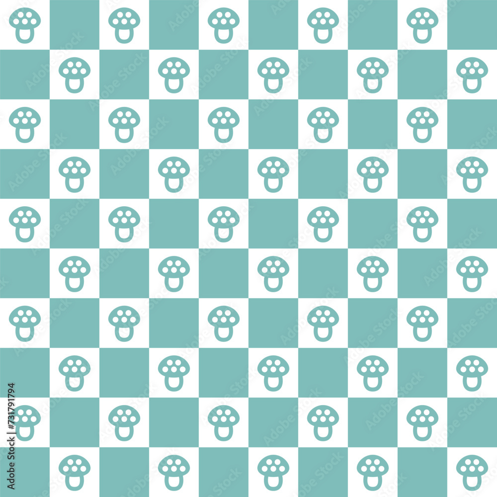 Retro seamless pattern. Textile geometric design with mushrooms and squares. Hippie checkerboard print. Groovy wallpaper with fungi. Vintage style 60s 70s. Vector illustration. Retro seamless pattern. Textile geometric design with mushrooms and squares. Hippie checkerboard print. Groovy wallpaper with fungi. Vintage style 60s 70s. Vector illustration.