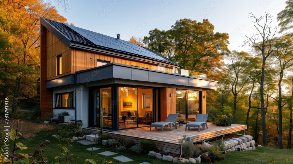 Eco friendly contemporary passive house with light inside and solar panels and terrace in Indian summer with photovoltaic system on the roof against forest landscape