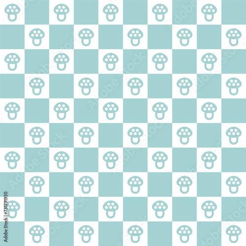 Retro seamless pattern. Textile geometric design with mushrooms and squares. Hippie checkerboard print. Groovy wallpaper with fungi. Vintage style 60s 70s. Vector illustration.