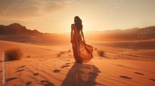 An evocative scene capturing a woman in summer clothes walking alone on the desert at sunset.