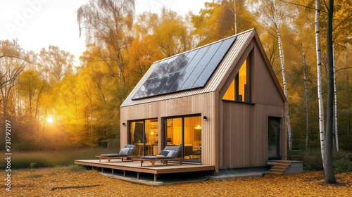 Eco friendly passive house with light inside and solar panels and terrace in autumn with photovoltaic system on the roof against forest landscape